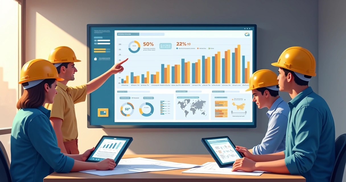 Ilustração de dashboard de obra de alvenaria em andamento, mostrando cronogramas e metas 