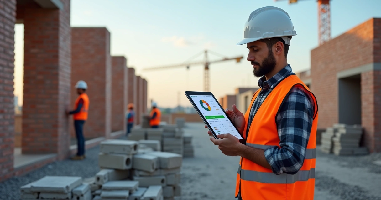 Engenheiro analisando dashboard digital de obra de alvenaria em andamento 