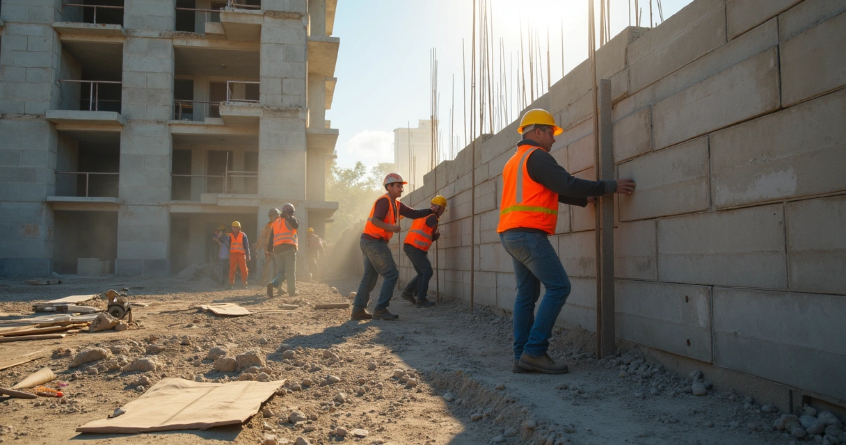 Equipe trabalhando rápido em uma obra de alvenaria estrutural 
