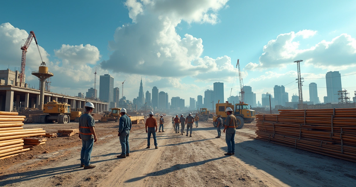 Canteiro de obras americano, trabalhadores e materiais esperando uso 