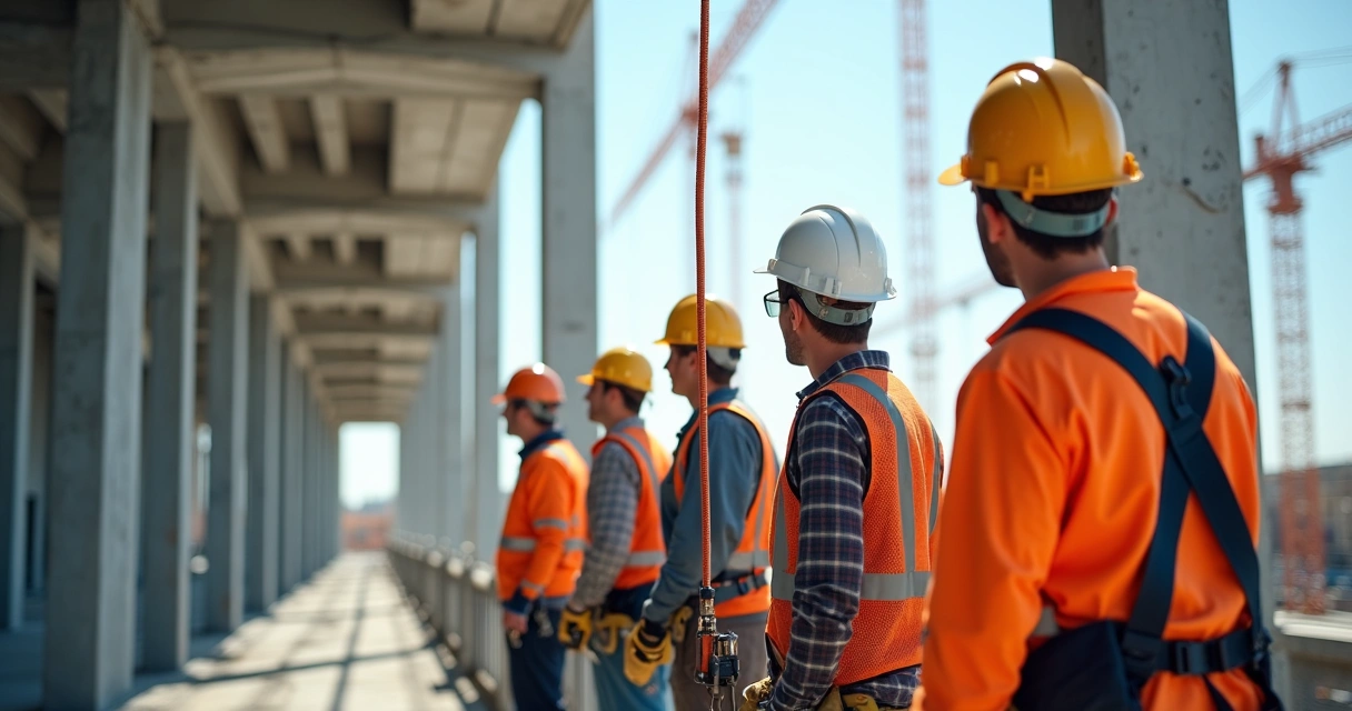 Linha de vida horizontal instalada em obra civil com trabalhadores usando EPIs