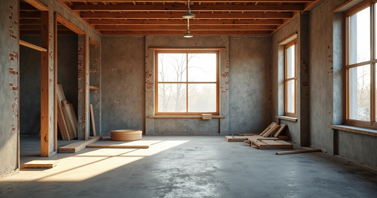 Vista interna de obra em apartamento na planta com andaimes e luz natural 