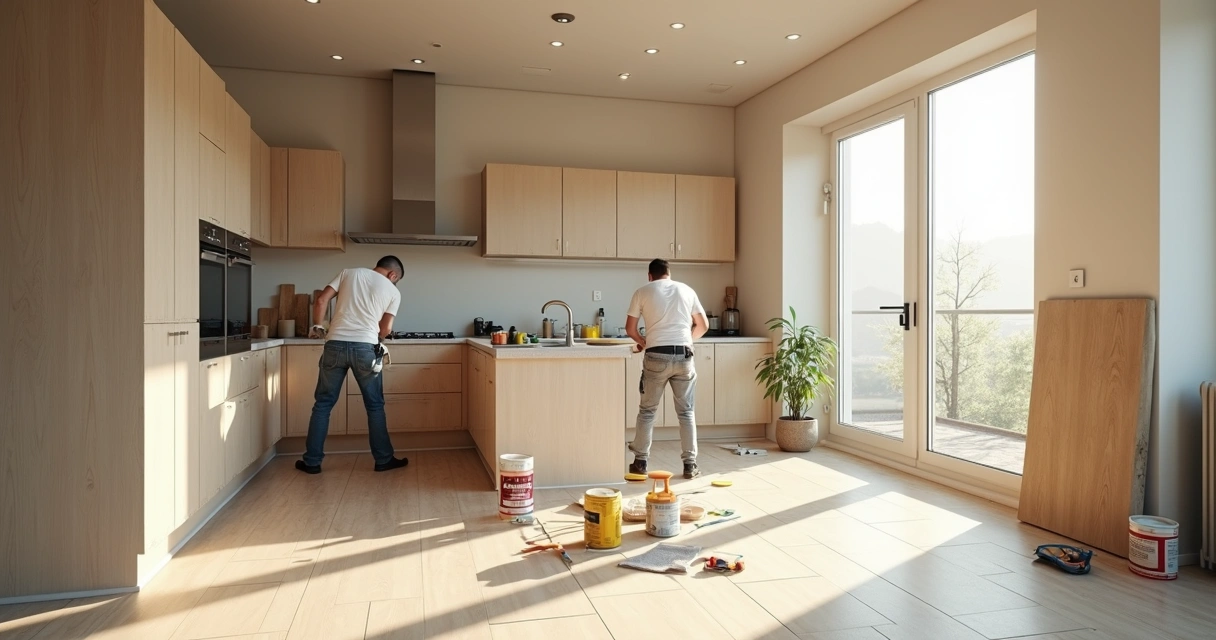 Ambiente residencial passando por renovação, com ferramentas e materiais de obra