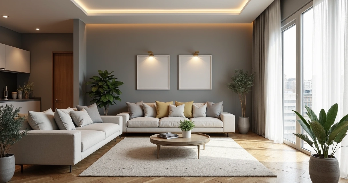 Sala de apartamento recém-reformada com móveis modernos e acabamento sofisticado 