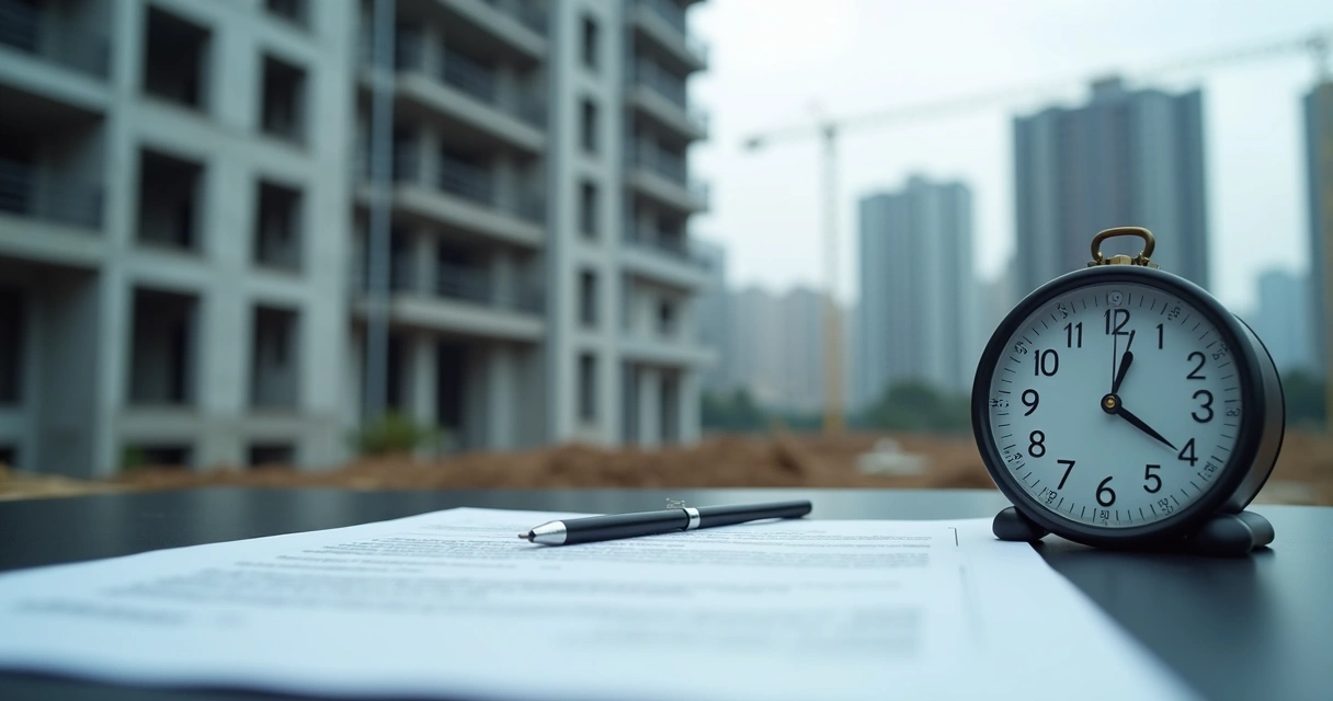 Prédio em construção com relógio e contrato ao fundo