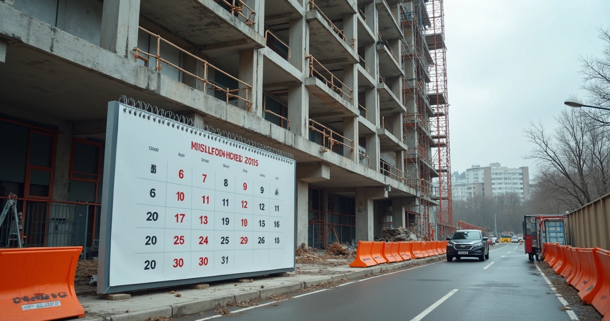 Prédio em construção com obra atrasada e calendário em destaque