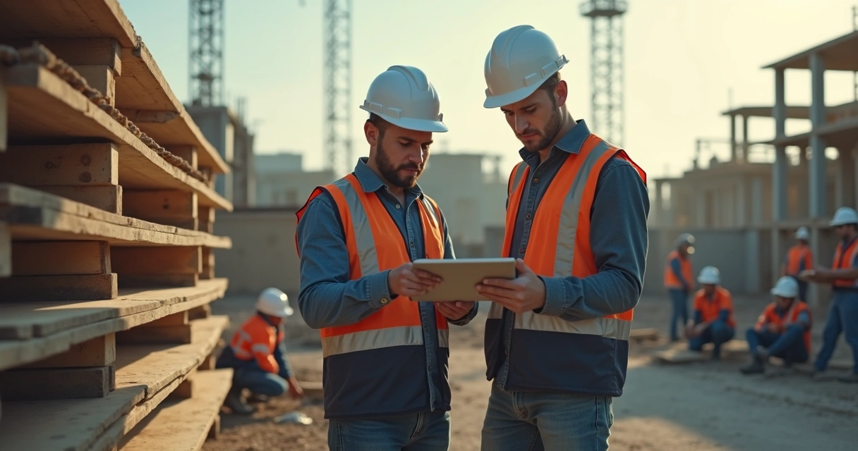 Gestores de obra revendo o planejamento no canteiro de obras com material em falta. 