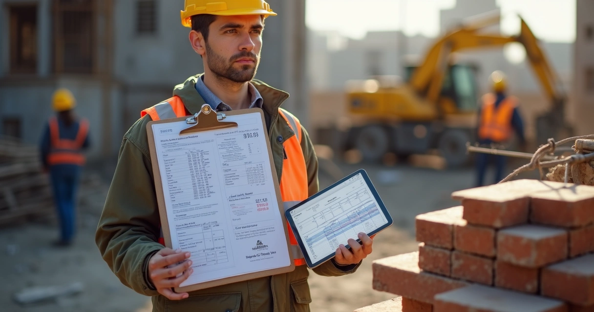 Técnico segurando uma prancheta e analisando documentos de custos em uma obra 