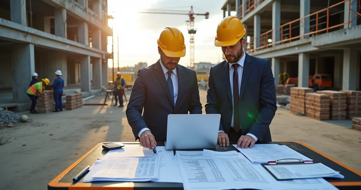 Engenheiro e advogada analisando planilha de custos em obra de construção civil 