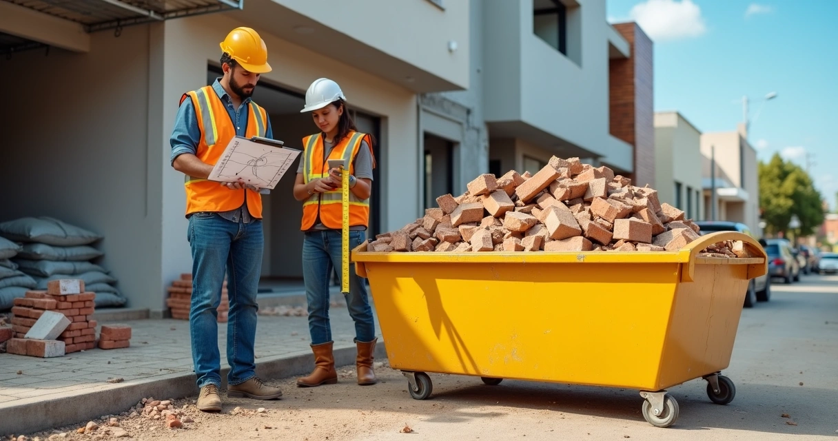 Engenheiro medindo entulho ao lado de caçamba de obra 