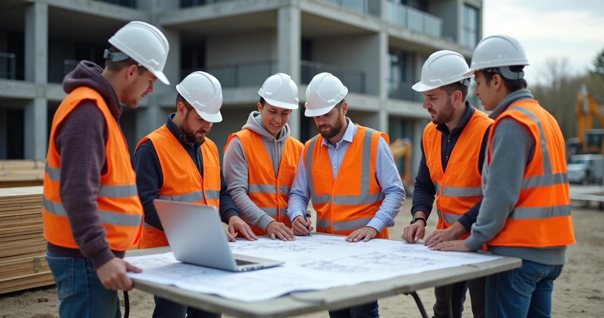 Operários em um canteiro de obras, consultando pranchetas e computadores 