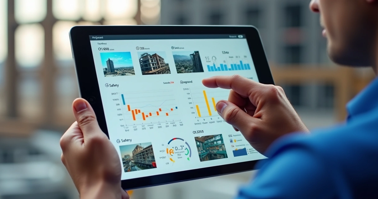 Dashboard digital de obra com gráficos e imagens em destaque 