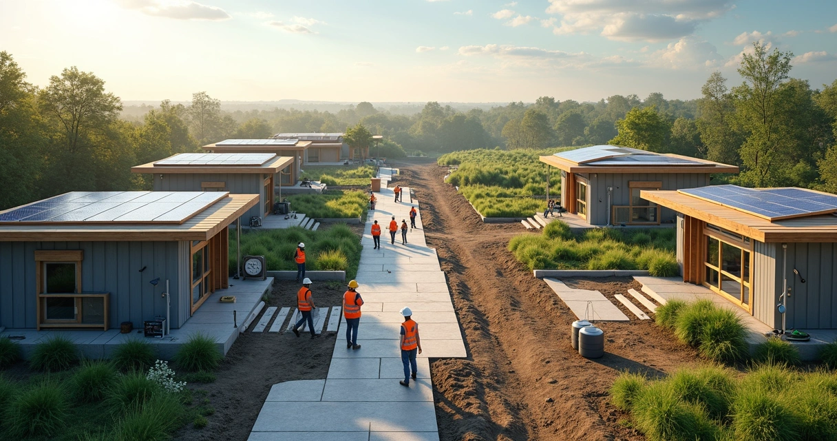 Canteiro de obras sustentável com painéis solares e paisagismo 