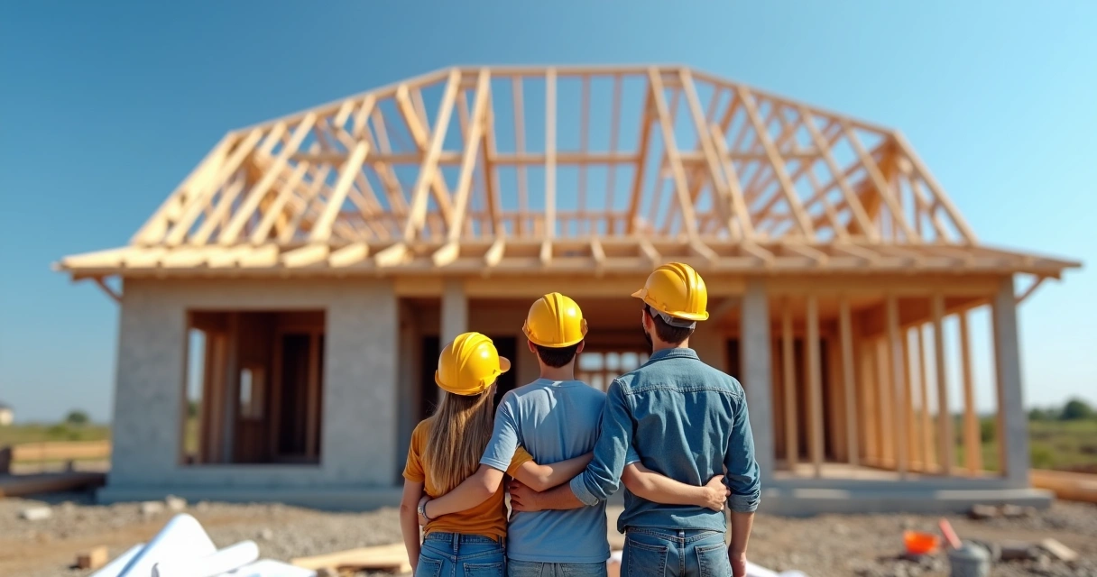 Família observando construção de casa financiada 