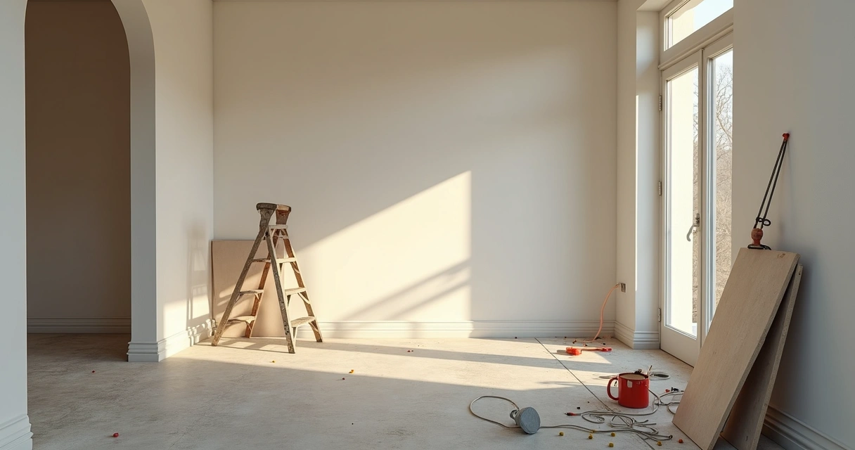 Obra residencial parada, ferramentas espalhadas 