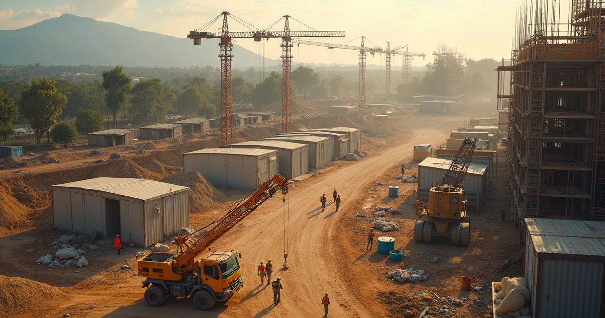 Vista aérea de um canteiro de obras com várias máquinas e trabalhadores