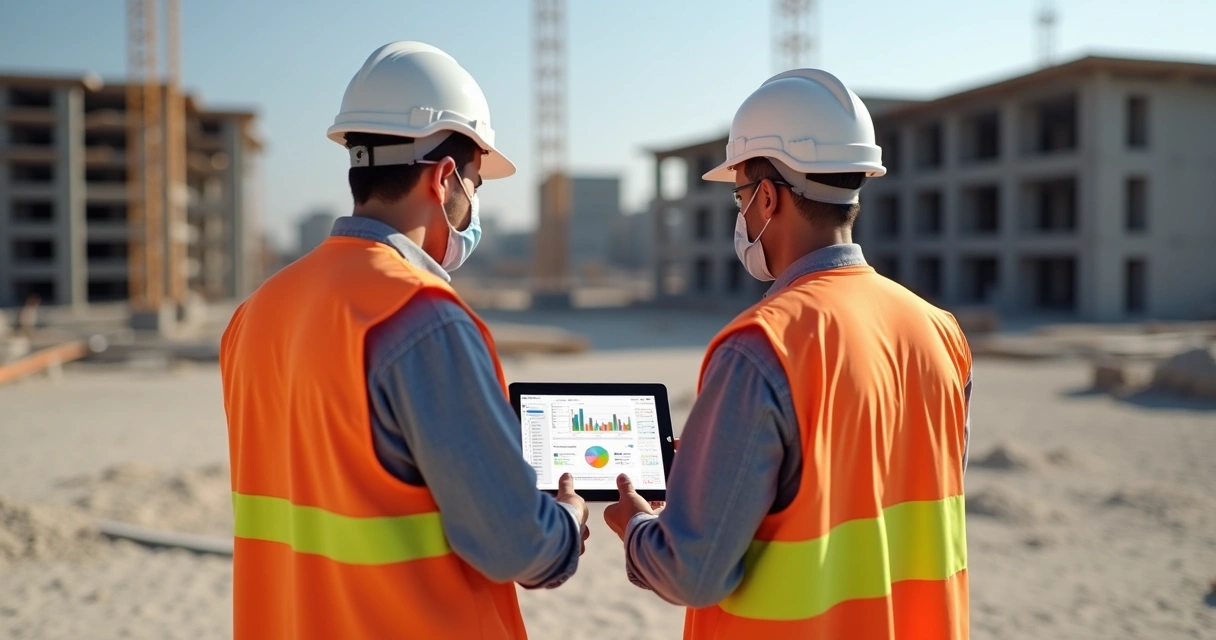 Engenheiros civis em obra consultando metas em tablet