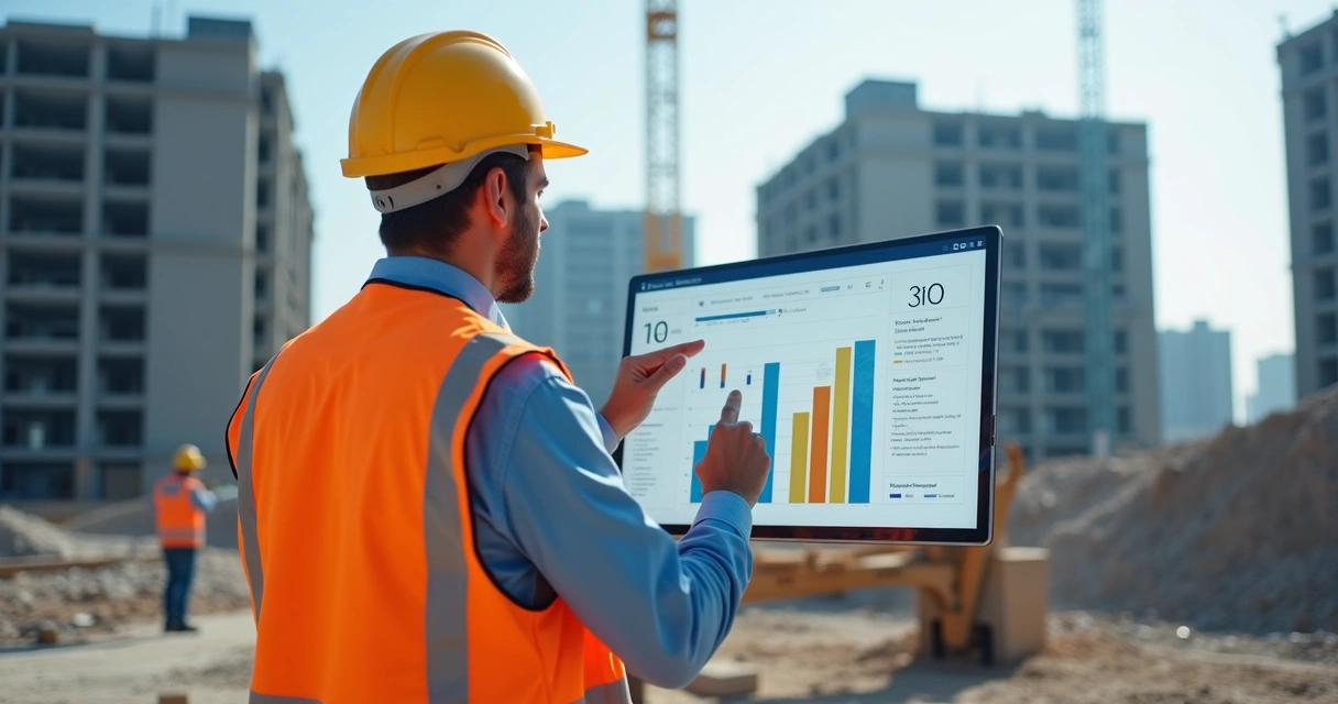 Engenheiro em obra analisando painel digital de indicadores 