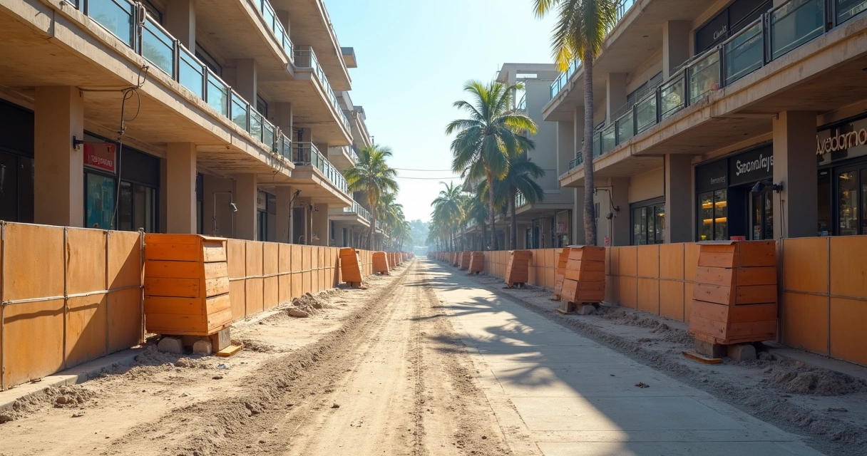 Equipe preparando canteiro de obras vazio em ambiente comercial 