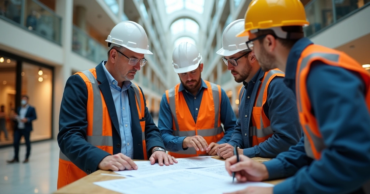 Profissionais internos da construção civil trabalhando juntos em uma obra comercial, analisando plantas e discutindo detalhes 
