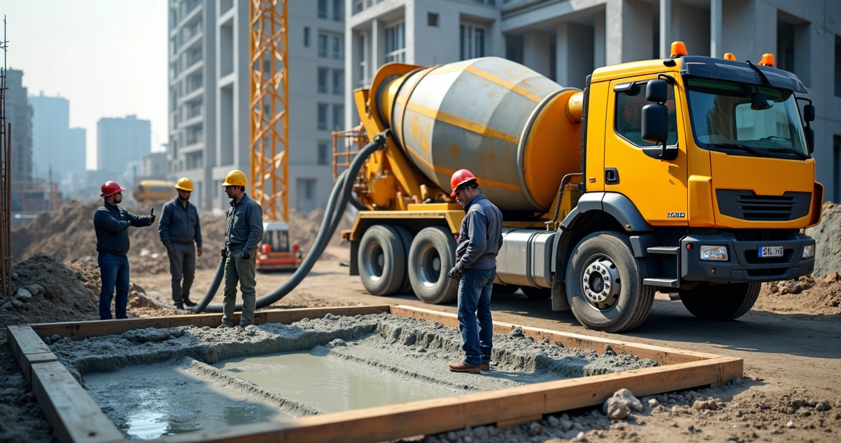 Caminhão betoneira descarregando concreto em obra 