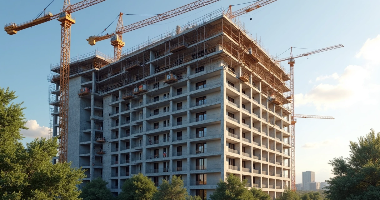 Obra de condomínio residencial moderno em construção com grua 