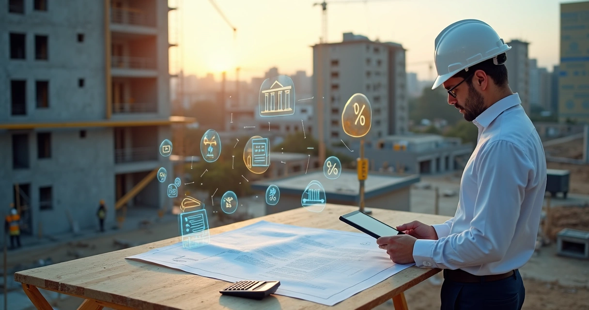 Engenheiro analisando planta de obra em frente a edifício em construção com ícones de cálculos fiscais 