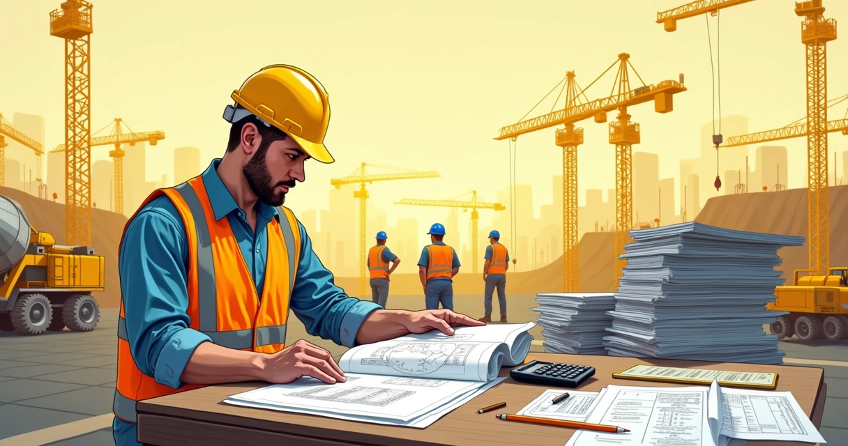 Área de construção civil com documentos e engenheiro analisando papéis 