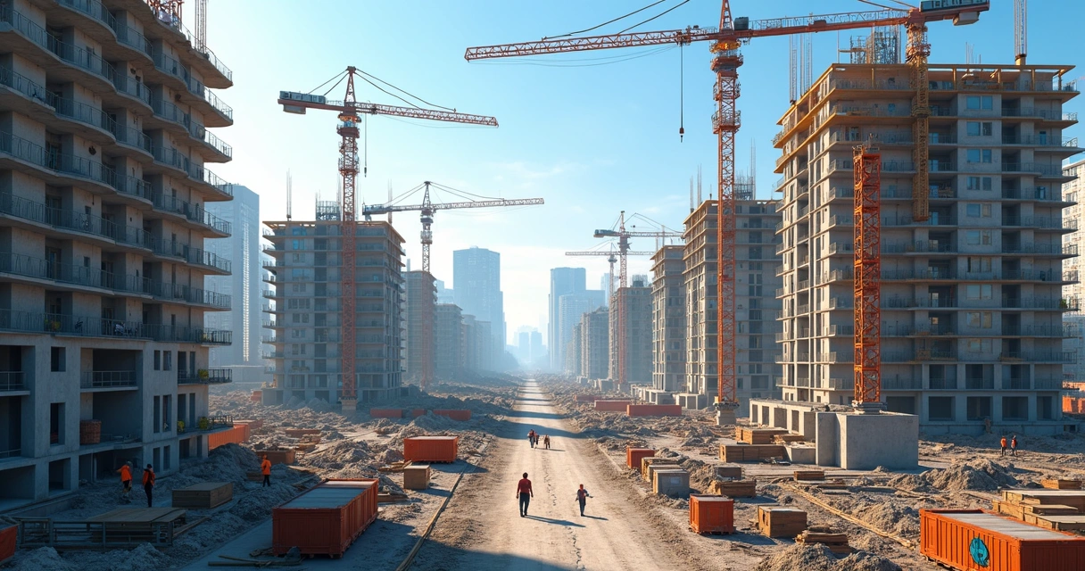 Canteiro de obras mostrando construção de prédios residenciais com guindastes e trabalhadores