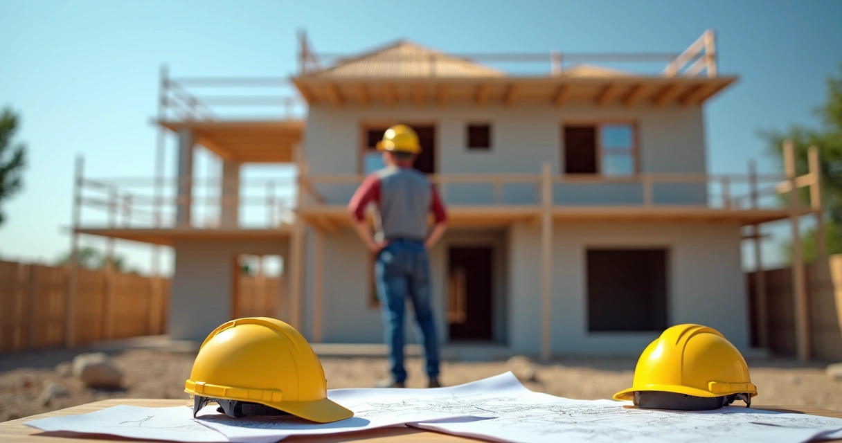 Trabalhador observa construção de casa em obras, andaimes e capacetes presentes. 