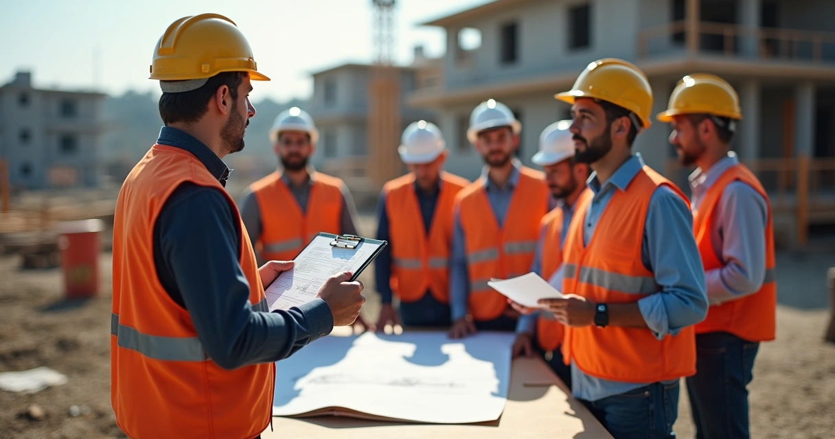 Gestor de obras com clipboard orientando equipe no canteiro