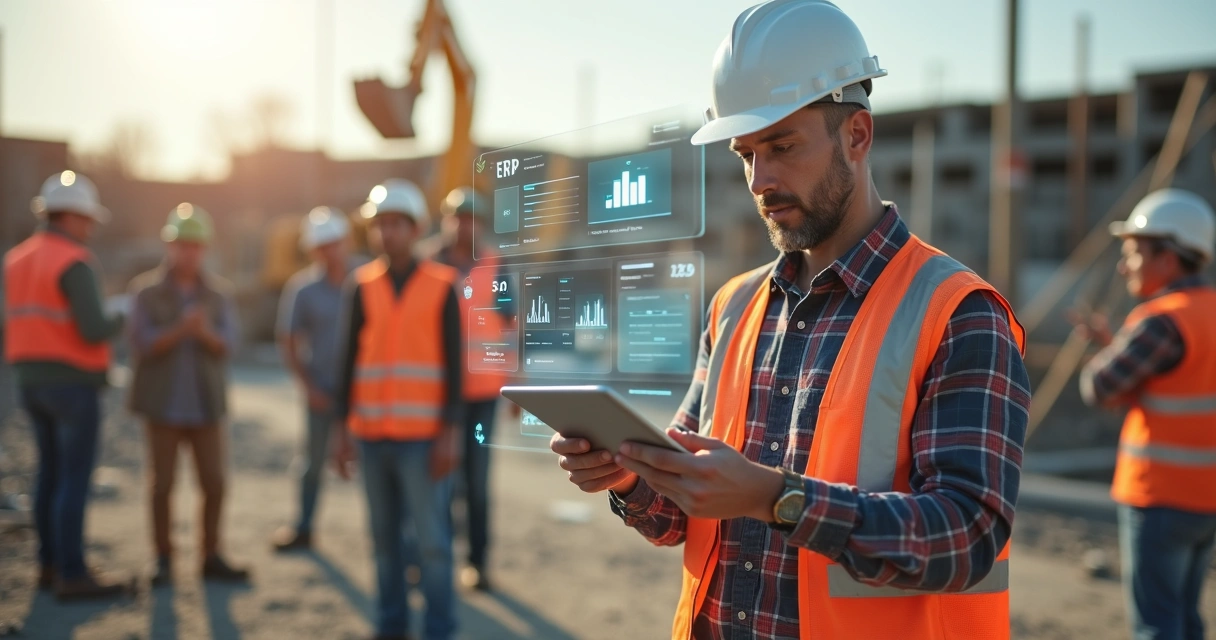 Gestor de obras usando tablet com tela de ERP, equipe ao fundo, ambiente de construção civil 