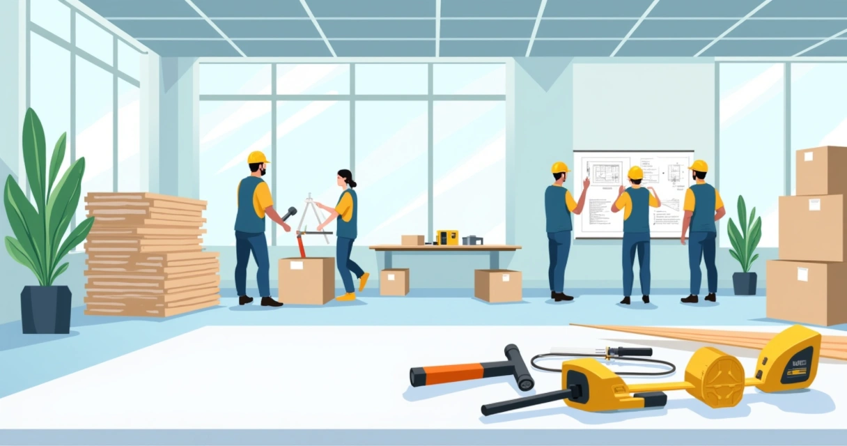 Espaço de reforma corporativa organizado, com ferramentas arrumadas e trabalhadores colaborando.