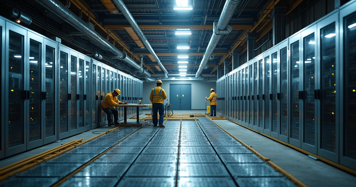 Obra de construção de data center, piso elevado, cabeamento e painéis elétricos ao fundo 