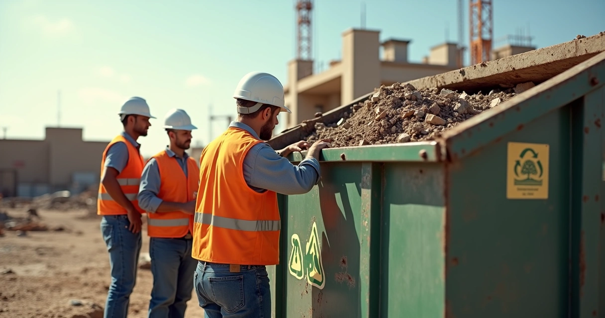 Equipe de obra descartando resíduos em caçamba com placas ambientais