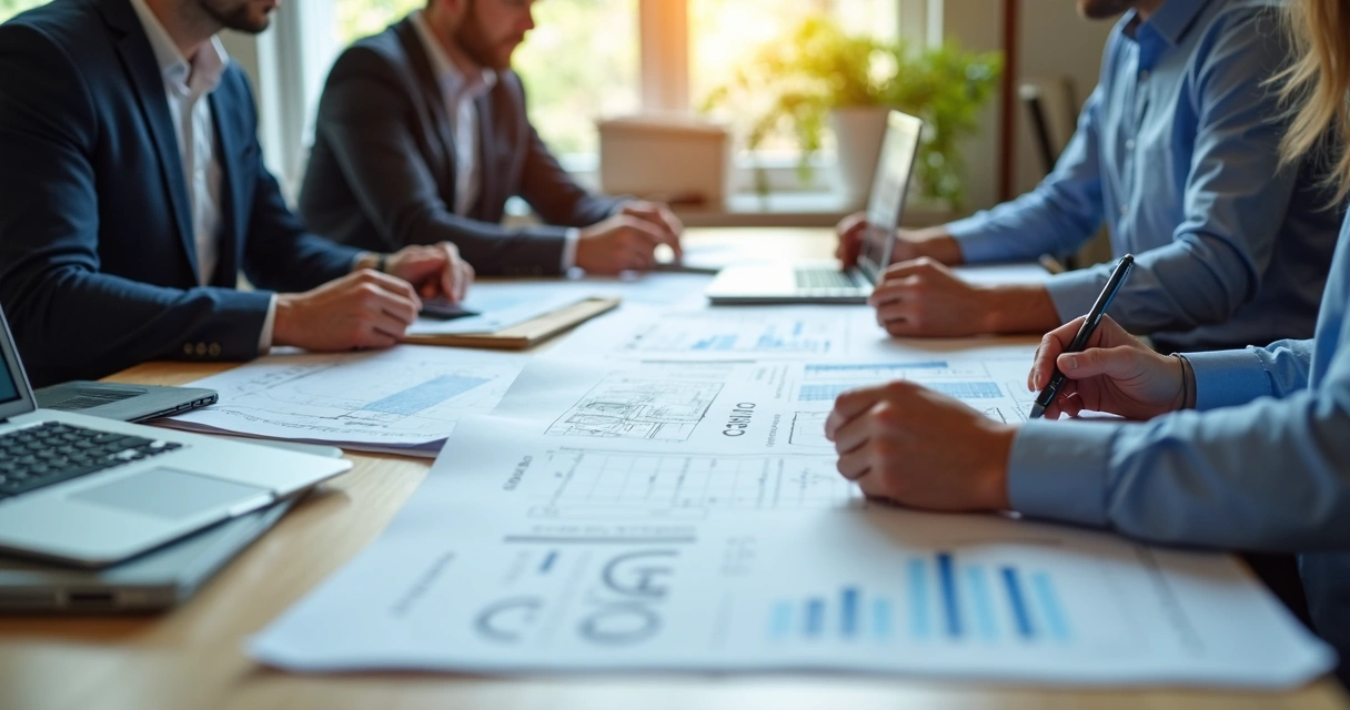 Profissionais organizando documentos em uma mesa de escritório 