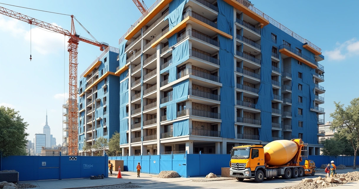 Prédio residencial em construção, trabalhadores e caminhão de cimento 