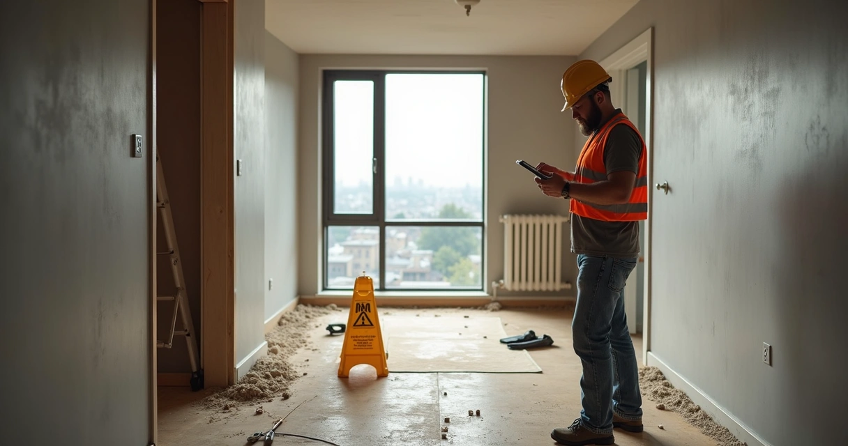 Reforma em andamento em unidade residencial de condomínio, com técnico supervisionando 