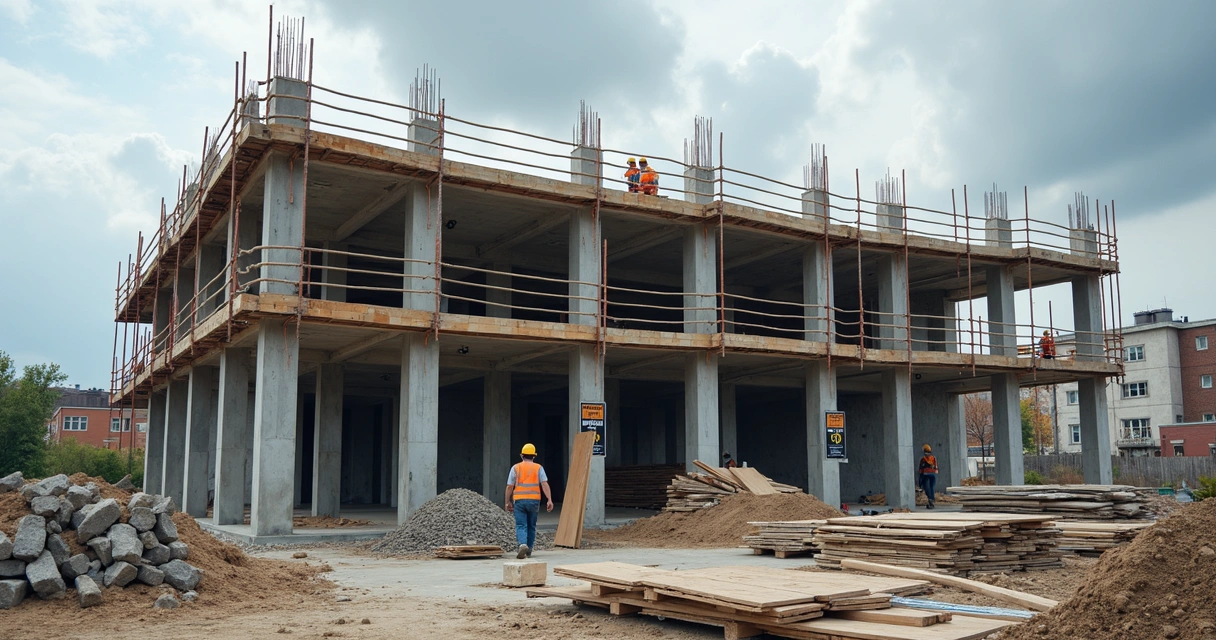 Estrutura de obra com trabalhador e equipamentos de proteção