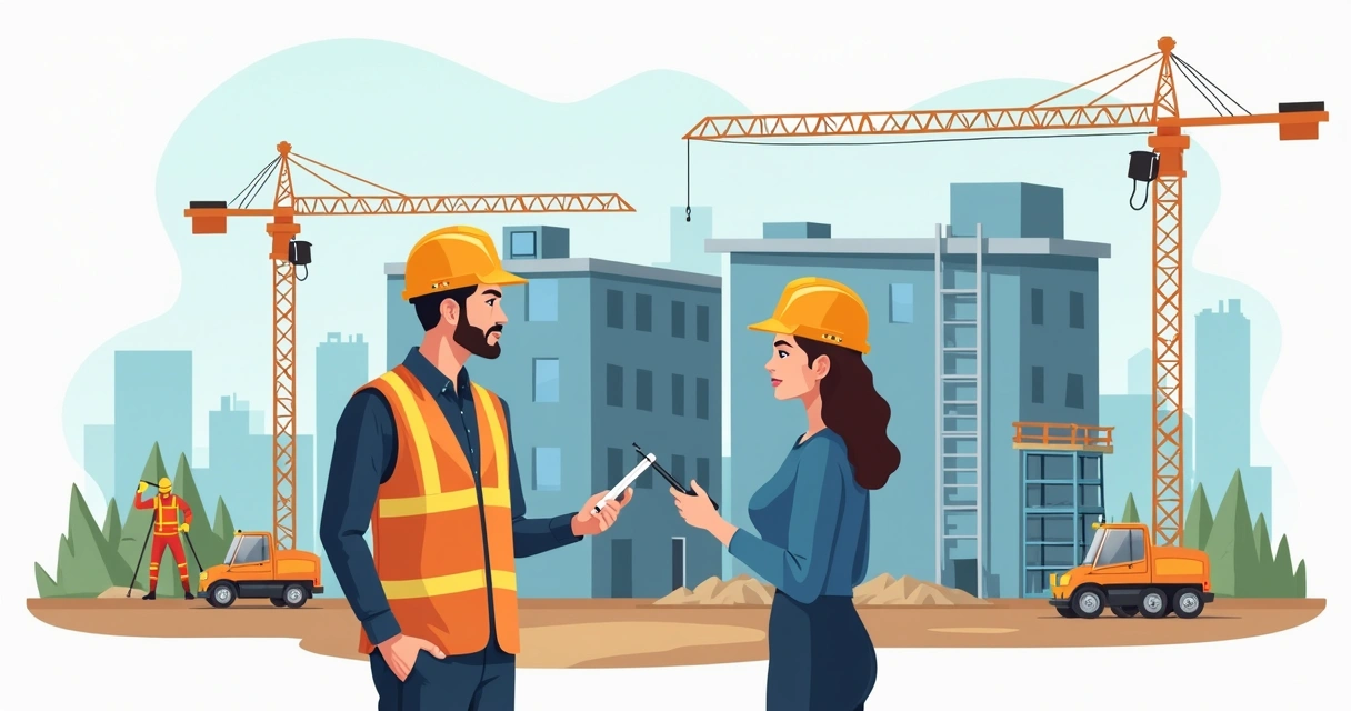 Engenheiro e arquiteta com capacete fiscalizando obra de construção civil 