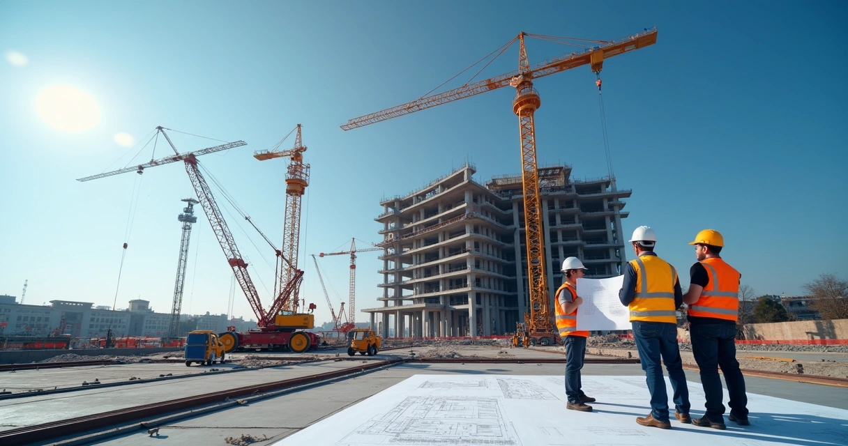 Canteiro de obra civil com máquinas e trabalhadores