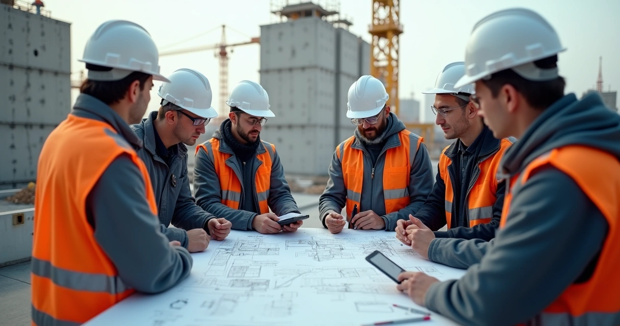 Grupo de engenheiros e técnicos discutindo especificação de projeto em canteiro de obra 