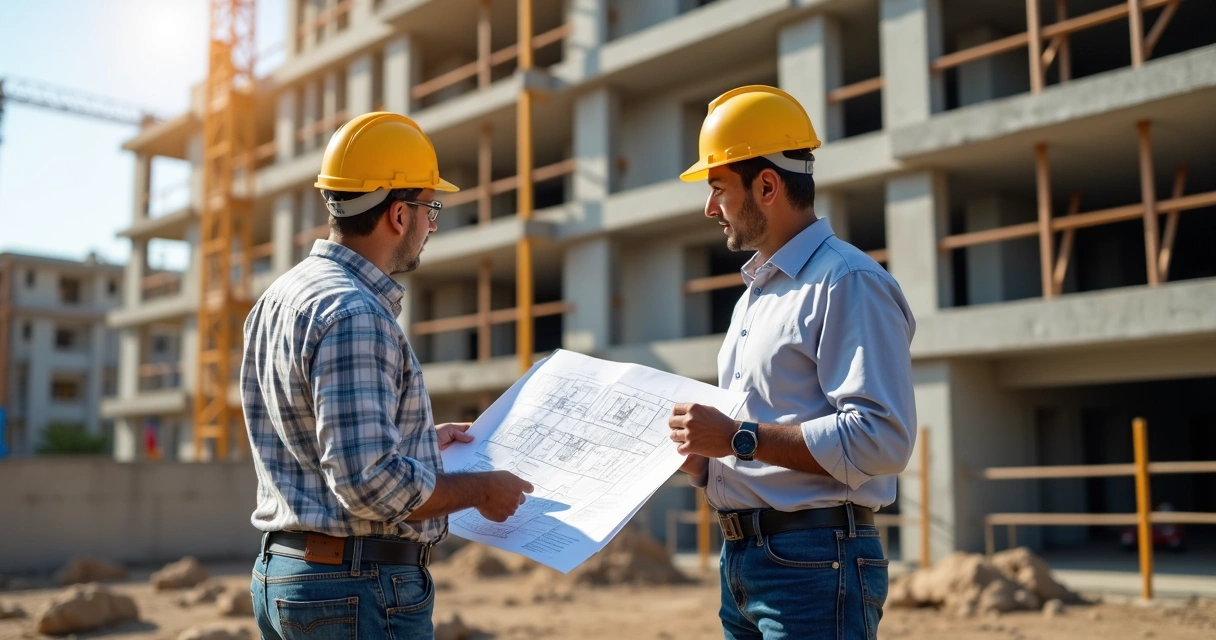 Engenheiros analisando planta em obra de apartamento em Belo Horizonte