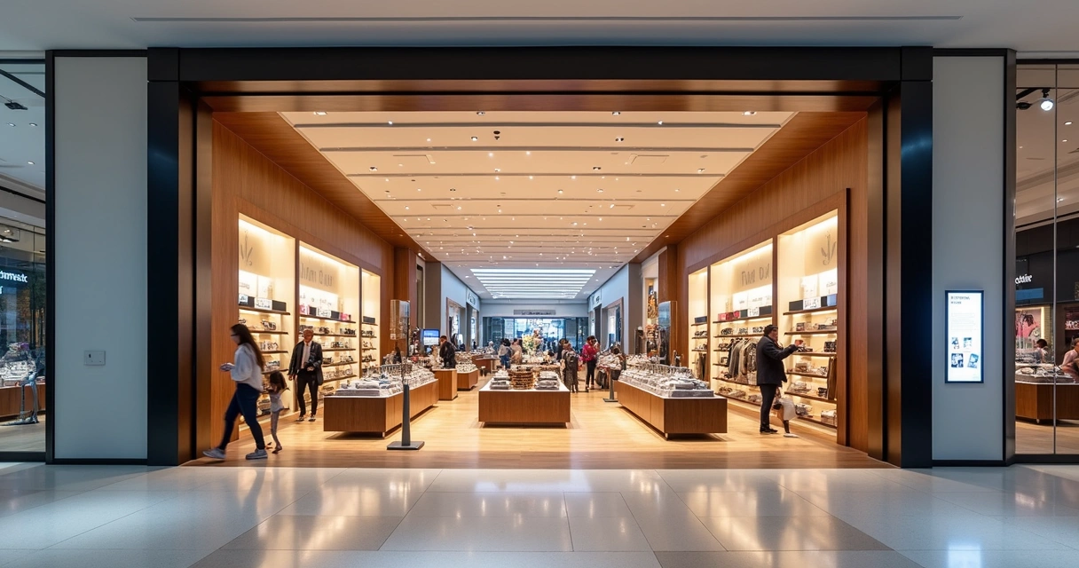 Loja recém-inaugurada em shopping, iluminação moderna, fachada de vidro 