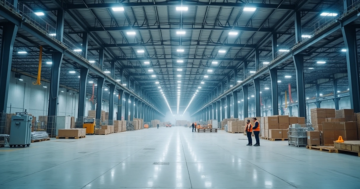 Interior de galpão logístico em construção com iluminação instalada 