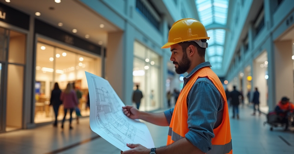 Engenheiro avaliando plantas em obra de loja no shopping 