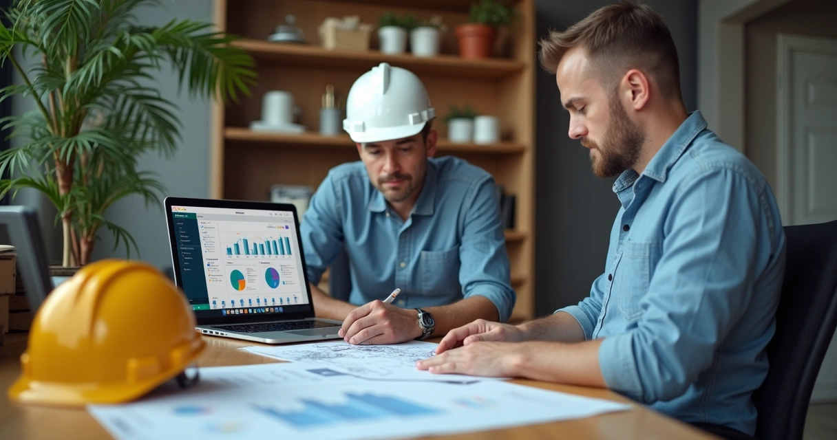 Gerente de obra sentado em mesa de escritório analisando planilhas e computador 