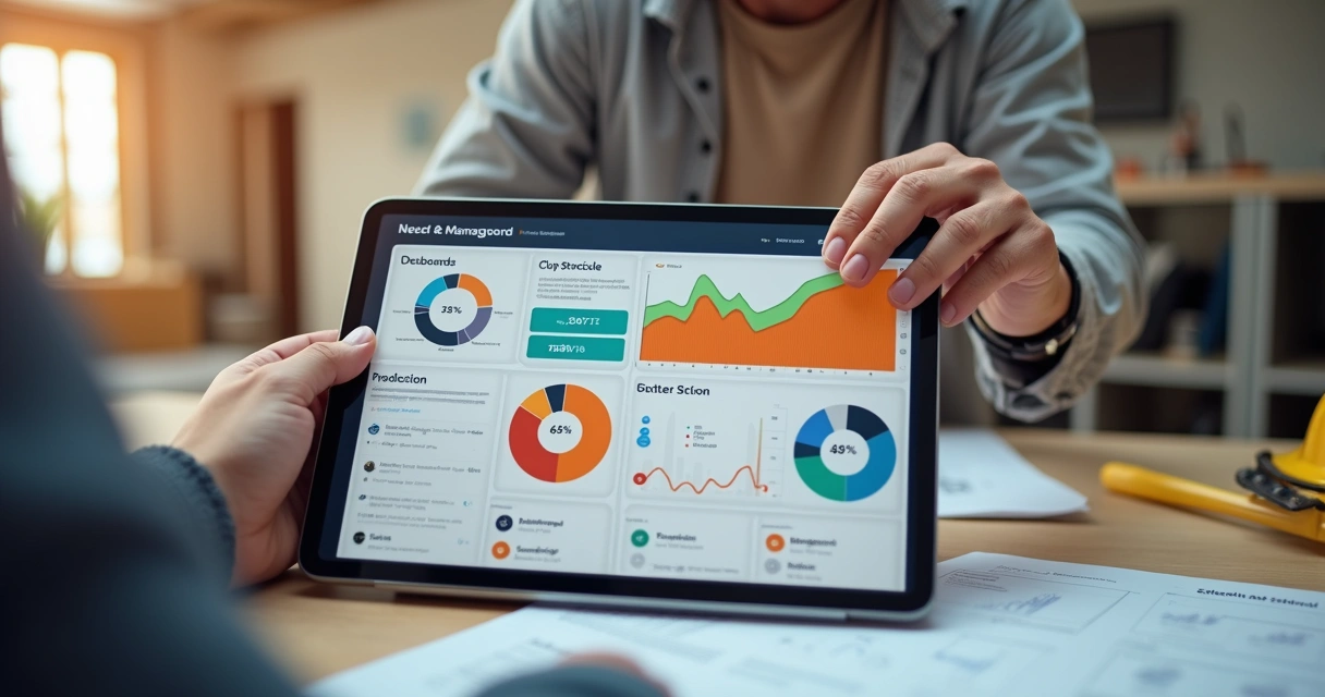 Construtor analisando tela de sistema de gestão de obras