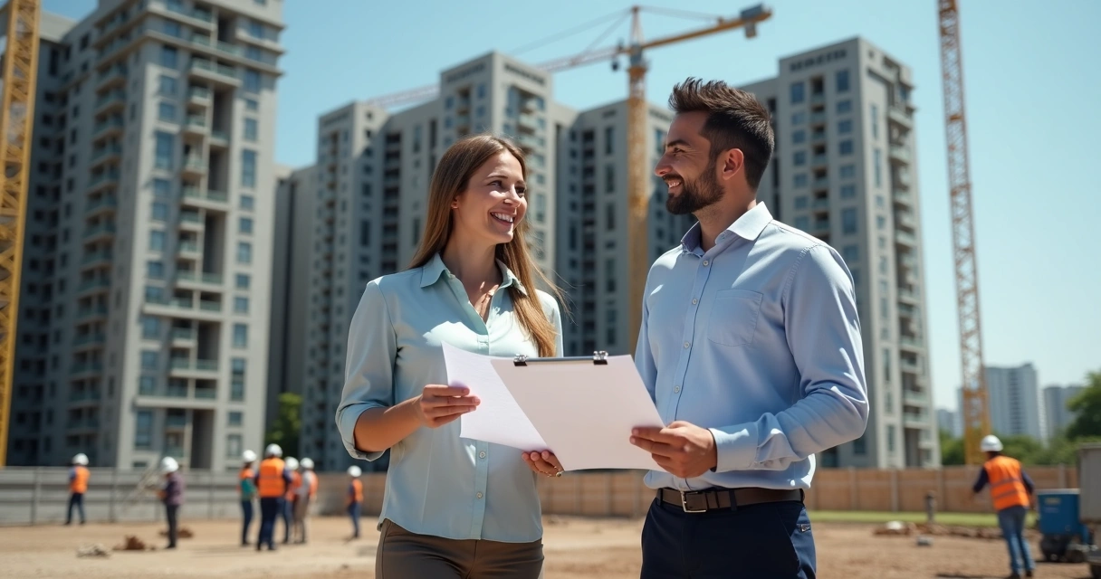 Corretor e cliente analisando obra em construção