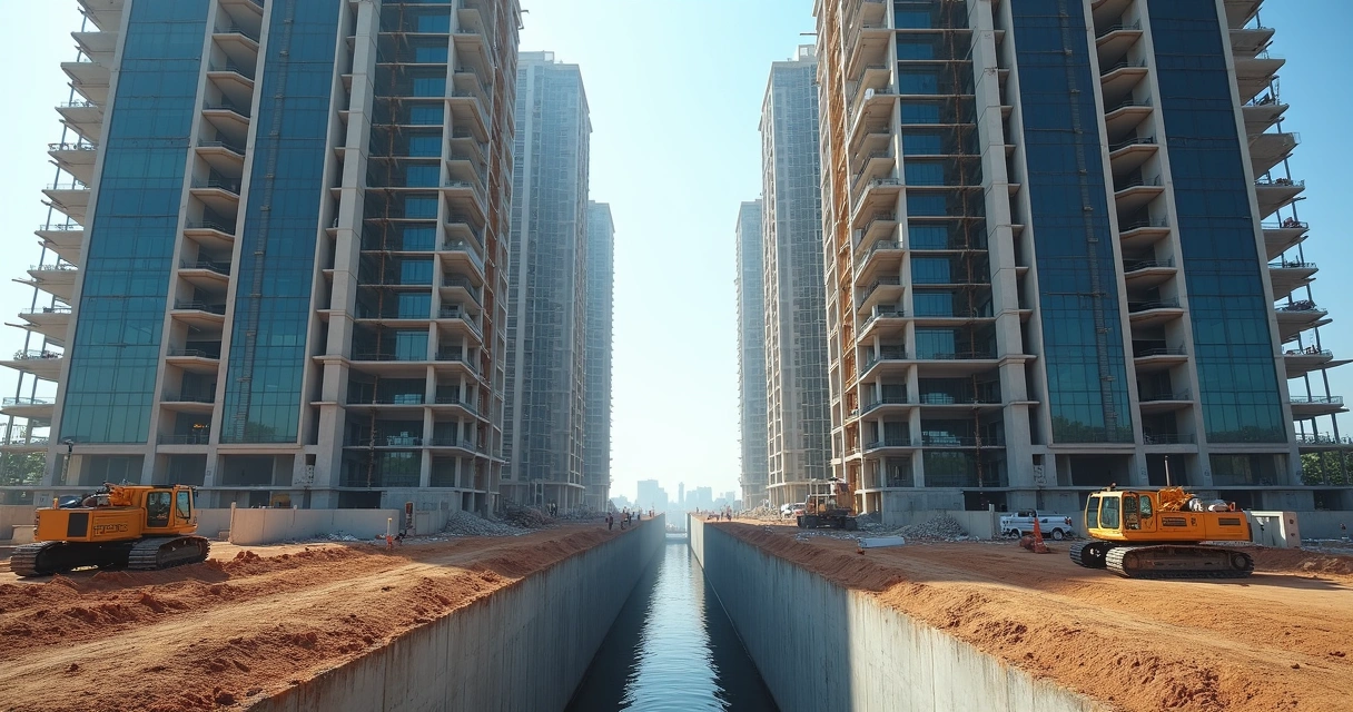 Canaleta de obra separando prédios em construção, indicando divisão de patrimônios 